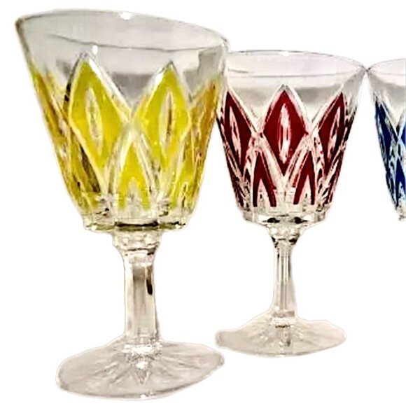 Vintage VMC Reims French Harlequin Crystal Wine Glasses Set of 3, 1 Red 2 Yellow - Picture 7 of 13